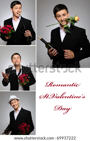 Collage group picture of man with flowers and bottle of vine for valentines day