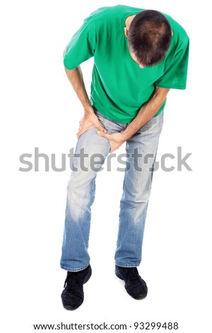 Man have pain in leg, thigh, isolated on white background