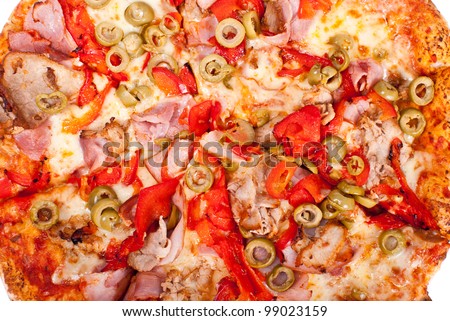 Excellent pizza with mozzarella, ham, pork, pickled peppers, olives isolated on white background
