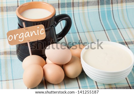 Fresh dairy products - milk, sour cream, eggs. Tag with word organic. Rustic style. Bio/organic/natural ingredients. Healthy eating.