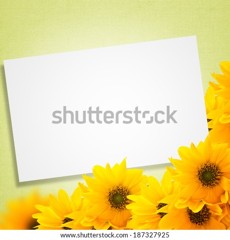 Postcard with fresh yellow flowers.Abstract flower background.