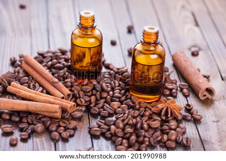 Essential aroma oil with coffee and spices on wooden background. Selective focus.