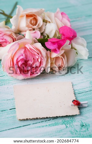 Postcard with fresh flowers and empty tag for your text.