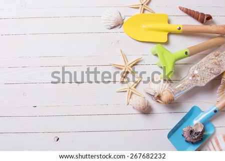 Garden tools for kids and sea object on white  painted wooden background. Place for text. Vacation background.