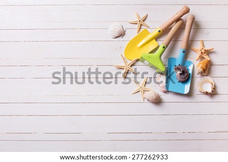 Tools for playing in sand for kids and sea object on white  painted wooden planks. Place for text. Vacation background.
