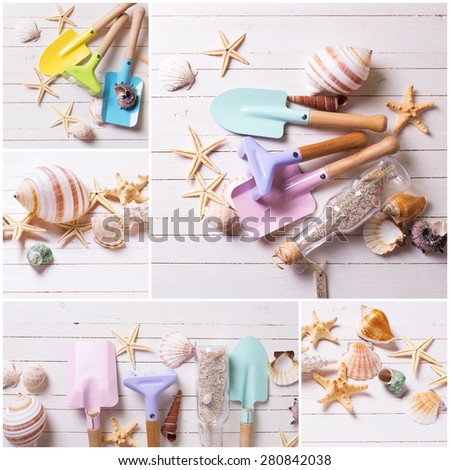 Collage from photos of tools for kids for playing in sand and sea object on white  painted wooden background. Vacation background.