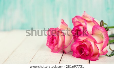 Background with fresh flowers and empty place  for your text. Roses on white wooden table. Selective focus is on right rose. Toned image.