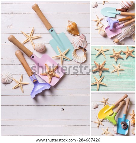 Tools for kids for playing in sand and sea object on  painted wooden background.  Collage. Vacation background.