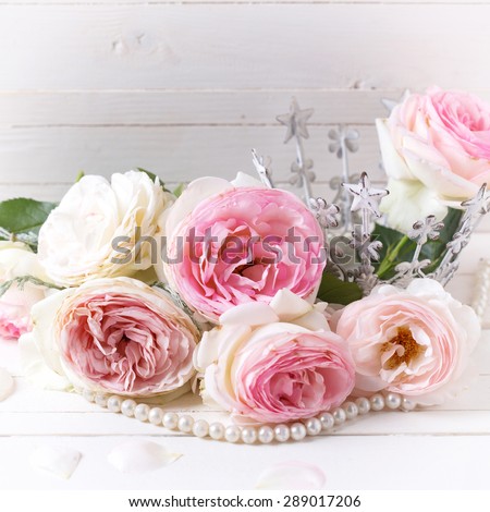 Background with sweet pink roses  on white painted wooden background. Selective focus. Square image.