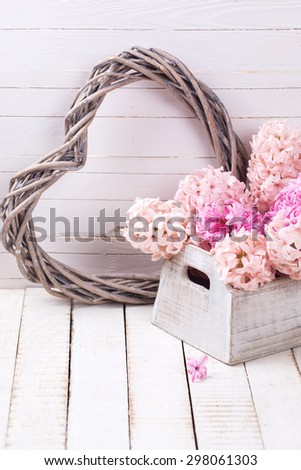 Postcard with fresh hyacinths in wooden box  and  decorative heart  on painted wooden  background. Selective focus. Place for text.