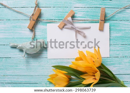 Postcard with fresh  spring yellow tulips and empty tag on clothes line on turquoise painted wooden planks. Selective focus. Place for text.