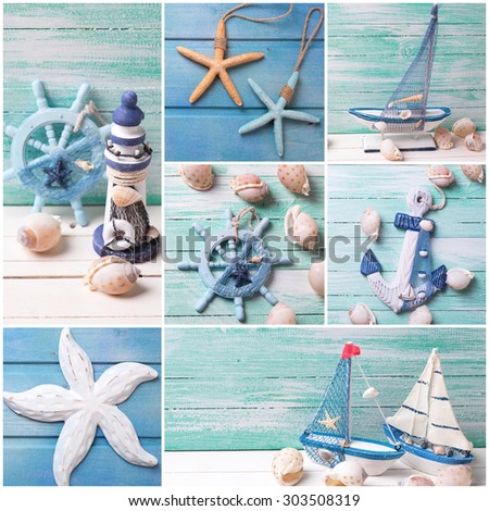 Collage from photos with sea theme decorations. Decorative lighthouse,  sailing boats and marine items on wooden background. Sea objects on wooden planks. Selective focus.