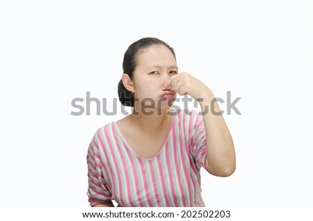 Portrait of Asian woman who covers her nose  isolated on white background