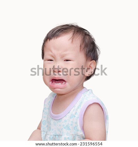 Asian baby girl crying over white background