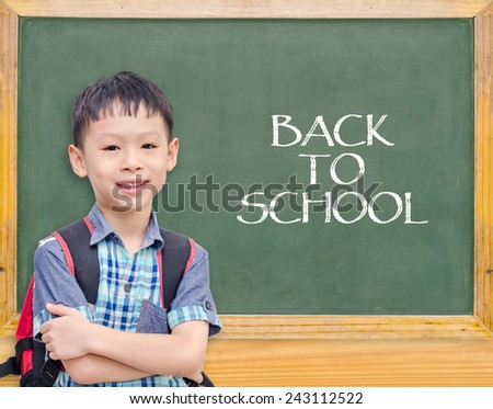 Young Asian student smiling in front of chalkboard with text \
