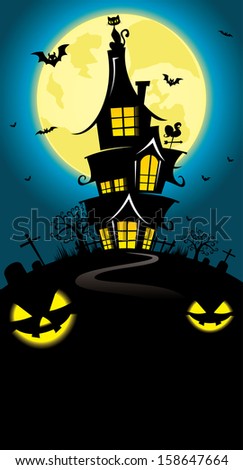 Halloween Theme Background - Creepy House at Full Moon in the Cliff Blank Space Version