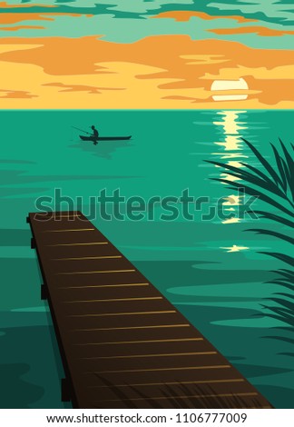 landscape with the silhouette of fishermen in a boat at sunset. vector illustration