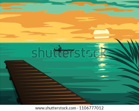 landscape with the silhouette of fishermen in a boat at sunset. vector illustration