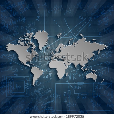 World map on the background of mathematical equations and formulas - illustration