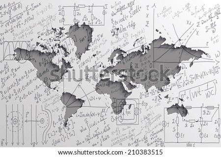 Mathematical equations and formulas on the background of the world map - illustration