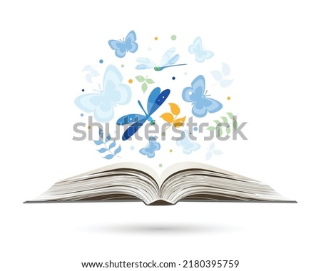 Open book with butterflies flying from it