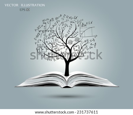 Physical concept,  tree from the mathematical equations and formulas, growing from an open-book, vector illustration modern template design