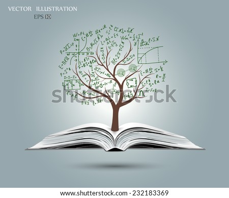 Physical concept, tree from the mathematical equations and formulas, growing from an open-book, vector illustration modern template design