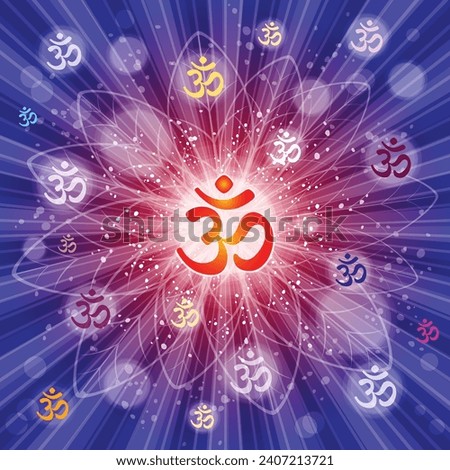 Om or Aum Indian sacred sound. The symbol of the divine triad of Brahma, Vishnu and Shiva. The sign of the ancient mantra. Om sign in shiny galactic space. Sun. Sunburst Pattern. Vector illustration