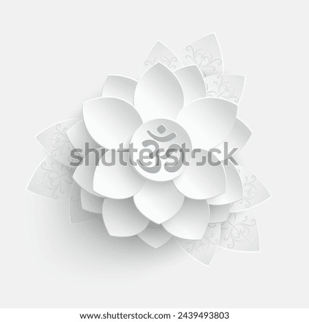 Paper flower. White lotus cut from paper. Om or Aum Indian sacred sound. The symbol of the divine triad of Brahma, Vishnu and Shiva. The sign of the ancient mantra. Om symbol sign on white background