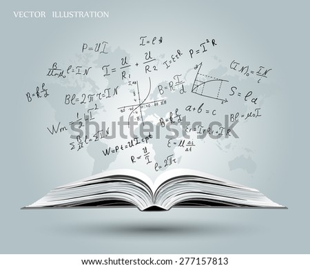 Mathematical formulas and graphs on the open book on the background map of the world. Mathematical concept. A book about physics. Vector illustration.