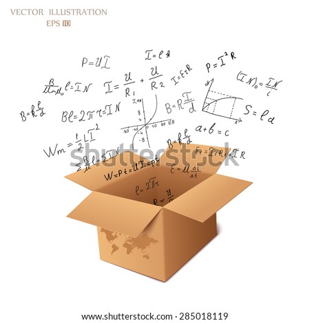 Science doodles. Mathematical equations and formulas on the fly from a cardboard box - vector illustration