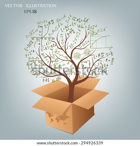 The physical concept, the tree of mathematical equations and formulas, growing out of a cardboard box. Doodle. Vector illustration modern design template