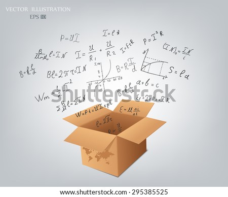 Science doodles. Mathematical equations and formulas on the fly from a cardboard box - vector illustration