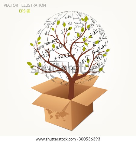 The physical concept, the tree of mathematical equations and formulas, growing out of a cardboard box. Doodle. Vector illustration modern design template
