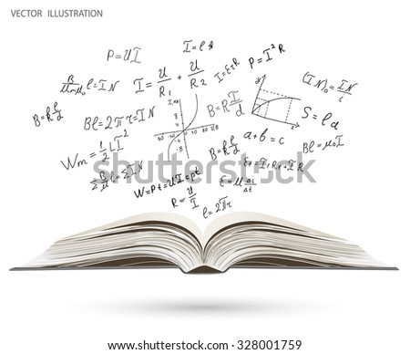 An open book with a gray cover. Science icons Doodle physics laboratory. Education, research, experiments. A book about physics. Vector illustration
