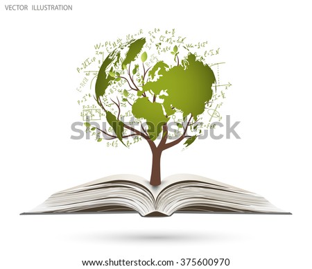 Concept on the theme of science. A tree from the mathematical equations and formulas, in the form of a map of the world, rising from an open book. Vector illustration modern design template. Symbol