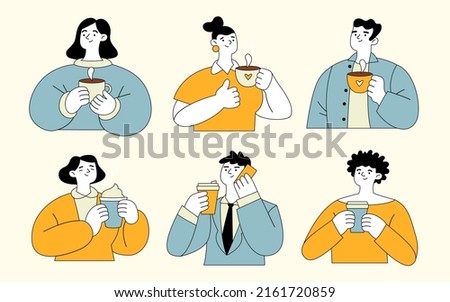 Set of vector illustrations of characters with coffee. Male and female waist-high figures. Drinking, smiling. Male and female. Blue, yellow, white, lines. Flat hand drawn cartoon vector illustration