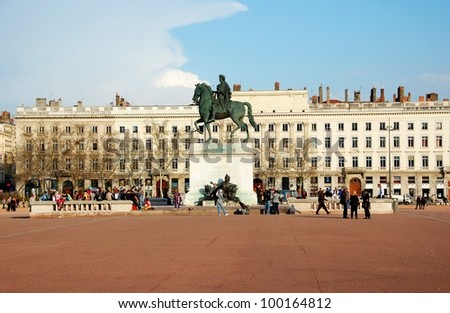 The Bellecour square in Lyon. Statue of Louis XIV. France This is the central square of city of Lyon