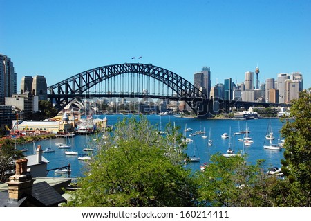 SYDNEY, AUSTRALIA - FEBRUARY 4: View on Sydney City Center, Harbor Bridge, Luna Park, boats and yachts from Lavender Bay. Sydney, Australia - Feb. 4, 2013