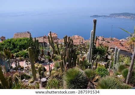 View from the top of the Eze garden on the village. Eze, renowned tourist site on the French Riviera, is famous worldwide for the view of the sea from its hill top and its beautiful women\' statues.