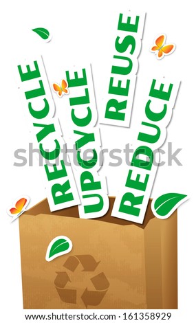 Environmental concept, paper bag with stickers words Reduce, Reuse, Upcycle, Recycle