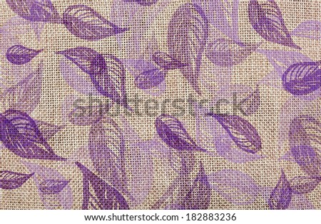 Detailed coarse fabric with illustrated violet leaves texture background