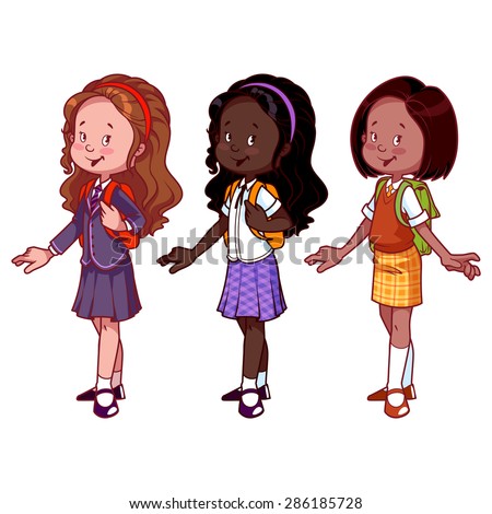 Three Cute Girls In School Uniform. Vector Illustration On A White ...