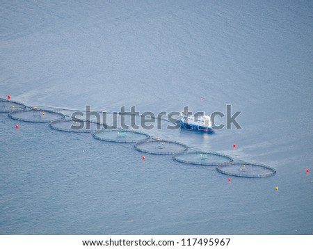A salmon farm in a fjord in Norway