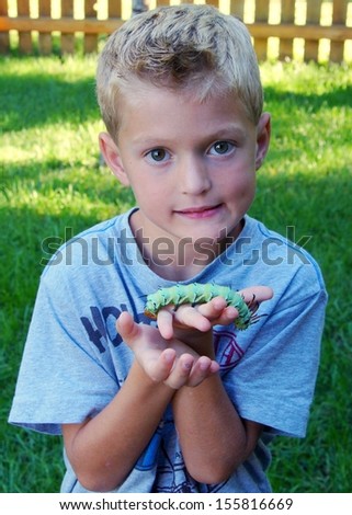 Cute young boy catching bugs in teh backyard - holding the giant caterpillar of a Royal Walnut Moth, Regal Moth or Hickory Horned Devil, Citheronia regalis