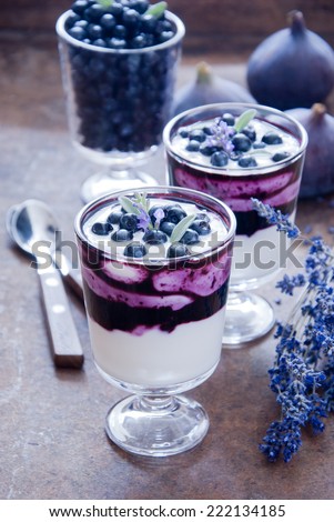 Blueberry dessert with lavender flowers