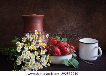 Strawberry, milk, ceramic jug and daisies in the style of Dutch still life