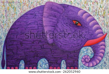 Purple  Elephant with Red Tusk. Original acrylic painting on canvas.