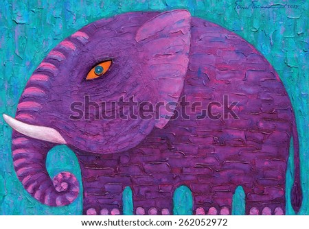 Purple Elephant on Green background. Original acrylic painting on canvas.