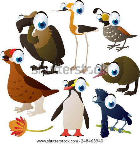 set of cute comic animals: birds: grouse, avocet, kiwi, umbrella bird, quail, penguin and vulture